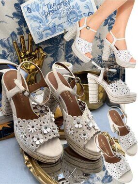 🆕 KURT GEIGER LONDON 🧿 NWOB Flower Platform Sandal, Bone Suede - Sz 37 US 7